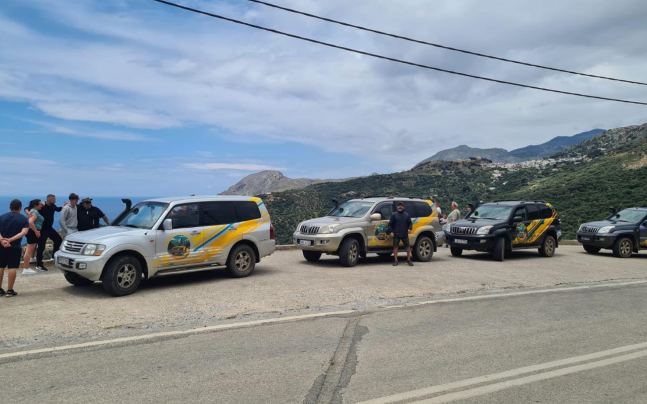 Off road cars with people stop